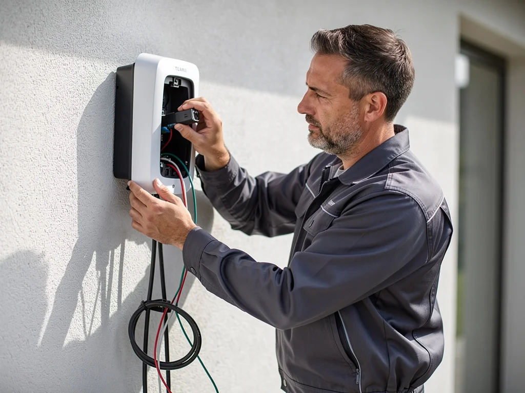 Électricien IRVE raccordant une wallbox murale au réseau
